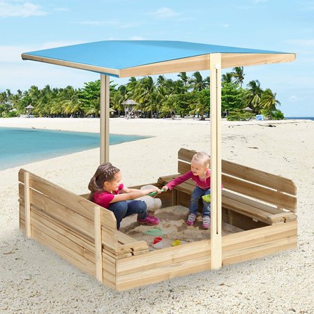 KINGSO Kids Sandbox with Cover Wooden Outdoor Sandbox with Canopy, with 2 Bench Seats, Sandbox with Canopy for Backyard Home Garden Beach