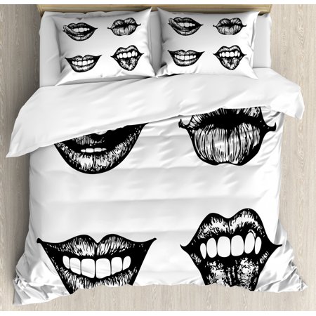 Kiss Queen Size Duvet Cover Set, Monochrome Sketch Art Style Sexy Smiling Woman Lips Tongue Face Expressions Print, Decorative 3 Piece Bedding Set with 2 Pillow Shams, Black White, by Ambesonne