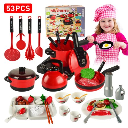 Kitchen Toys, 53pcs Pretend Toy Cookware Sets, Simulation Kids Kitchen Playset, With Cutlery Pots and Pans Cutting Game Fruits Playing Food &Exquisite Gift