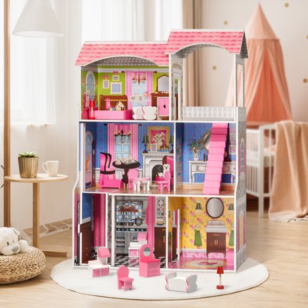 KOFUN Dollhouse Dream House Toys, Classic Wooden Dollhouse, Toddlers Playhouse, Pretend Play Toys for Girls, Kids Dreamy Dollhouse Building Toys, Educational Learning Birthday Gift, Pink
