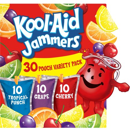 Kool-Aid Jammers Tropical Punch, Grape & Cherry Artificially Flavored Soft Drink Variety Pack, 30 ct Box, 6 fl oz Pouches