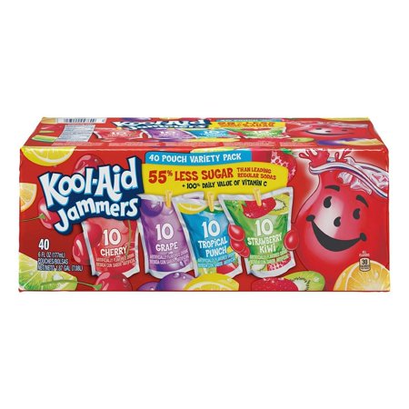 Kool-Aid Juice Jammers, Includes 40 6-fl.-oz. Pouches with Classic Kool-Aid flavors Cherry, Grape, Tropical Punch and Strawberry Kiwi
