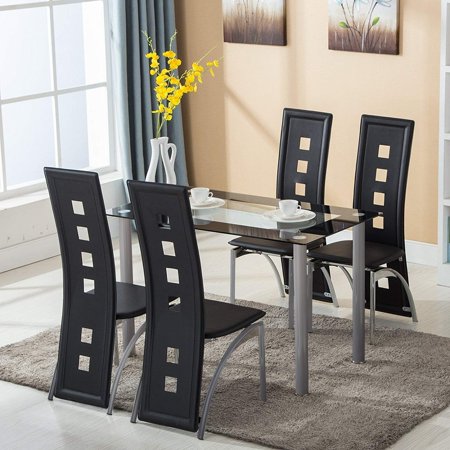 Ktaxon Dining Table Set Tempered Glass Dining Table with 4pcs Chairs Transparent & Black