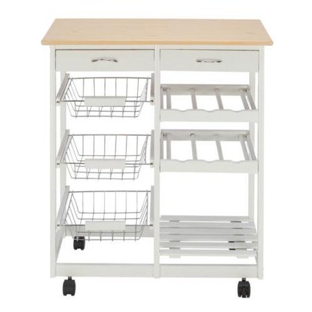 Ktaxon Rolling Kitchen Trolley Cart Island Shelf w/ Storage Drawers Baskets,Wood Kitchen Cart White & Brown