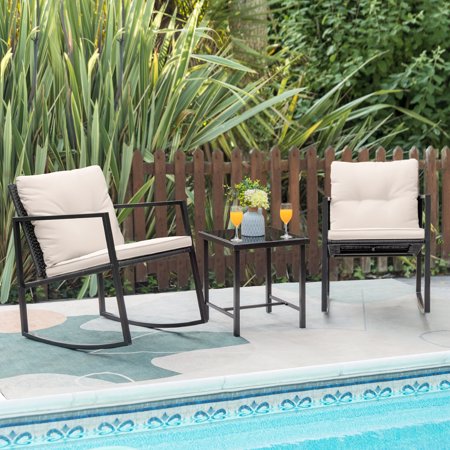 Lacoo 3 Pieces Patio Rocking Chair Outdoor Wicker Bistro Sets Modern Outdoor Rocker Furniture Sets Cushioned PE Rattan Chairs Conversation Sets with Glass Coffee Table, Beige
