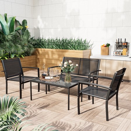 LACOO 4 Pieces Patio Indoor Furniture Outdoor Patio Furniture Set Textilene Bistro Set Modern Conversation Set Black Bistro Set with Loveseat Tea Table for Home, Lawn and Balcony, Black
