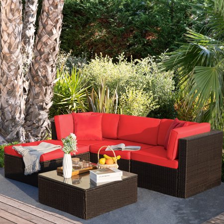 LACOO 5 Pieces Patio Conversation Set Rattan Outdoor Sectional Set with Chushions and Table(Red)