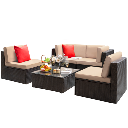 Lacoo 5 Pieces Patio Conversation Sets All-Weather Rattan Outdoor Sectional Sets With Glass Table, Beige