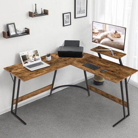 Lacoo L-shaped Office Desk Computer Desk with Movable Monitor Stand, Rustic Brown