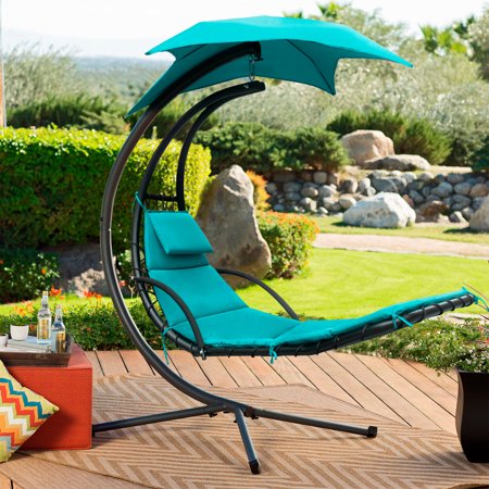 Lacoo Outdoor Hanging Curved Chaise Lounge Chair Patio Swinging Hammock w/Pillow & Canopy for Backyard, Blue