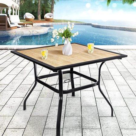 LastDan Outdoor Patio 37" x 37" Metal Square Table Wood-like Table Top with 1.57" Umbrella Hole, Outdoor Bar Dining Furniture for Backyard, Lawn, Garden, Poolside