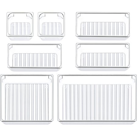 LeaderPro 7 Pcs Drawer Organizers 4 Different Sizes Plastic Clear Makeup Organizer Desk Bathroom Trays