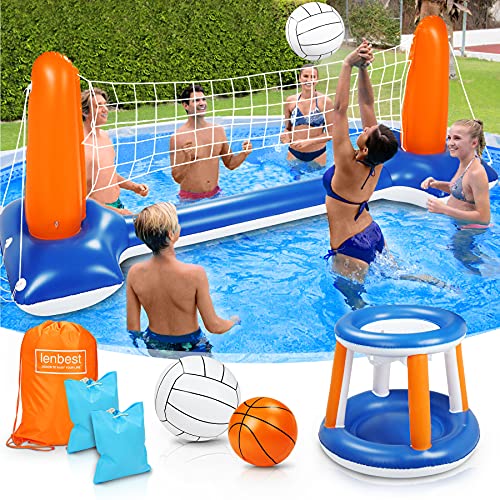 lenbest Inflatable Volleyball Set, 115” Inflatable Pool Float Set Include Basketball Hoop Set & Balls Floating Swimming Pool Toy Pool Volleyball Game for Kids and Adults (115” x 38” x 28”)