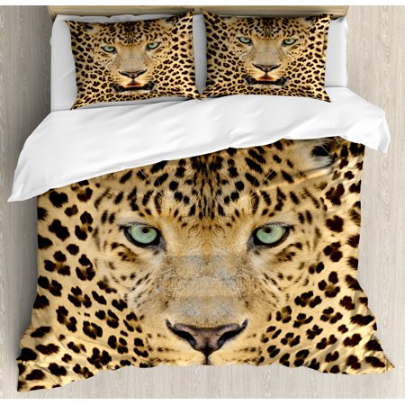 Leopard Duvet Cover Set Queen Size, African Predator Animal with Spotty Skin and Angry Expression Wild Fauna, Decorative 3 Piece Bedding Set with 2 Pillow Shams, Brown and Pale Brown, by Ambesonne