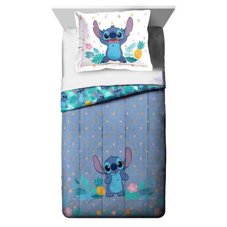 Lilo and Stitch Hawaiian Denim Kids 2-Piece Twin/Full Reversible Comforter and Sham Bedding Set, 100% Polyester, Blue, Disney