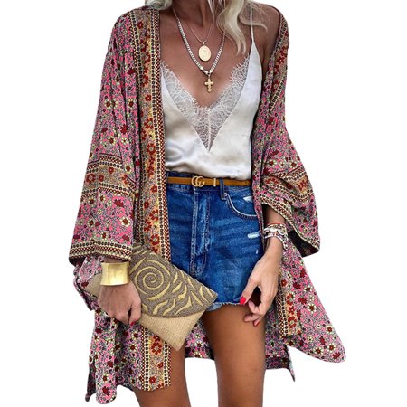LilyLLL Womens Boho Floral Kimono Sleeve Blouse Cover Up Summer Holiday Cardigan Tops