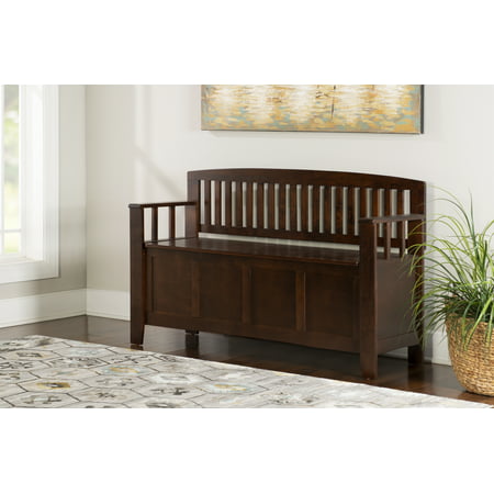 Linon Cynthia Slat Back Storage Bench with Armrests, Walnut