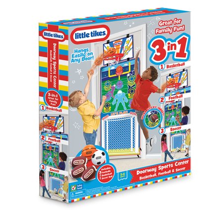 Little Tikes 3 In 1 Doorway with One Basketball, One Soccer Ball, and Three soft plush Footballs