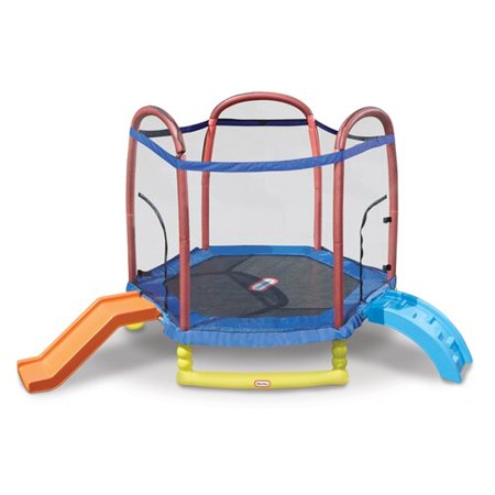 Little Tikes Climb 'n Slide 7' Trampoline with Enclosure, Hexagon, Indoor Outdoor Backyard Play, Blue- For Kids Boys Girls Ages 3 4 5+ to 10 Year Old