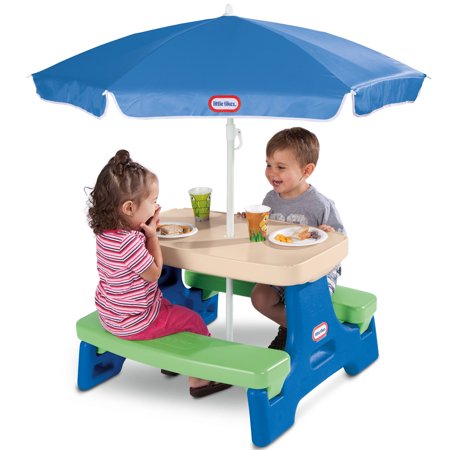 Little Tikes Easy Store Jr. Picnic Table with Umbrella, Blue & Green - Play Table with Umbrella, for Kids
