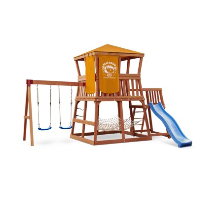Little Tikes, Real Wood Adventures Bear Basin Wooden Outdoor Playset and Wooden Swing Set with Slide, Deck, Playground and Backyard Set Suitable for 10 Kids Toddlers Ages 3-10 Years