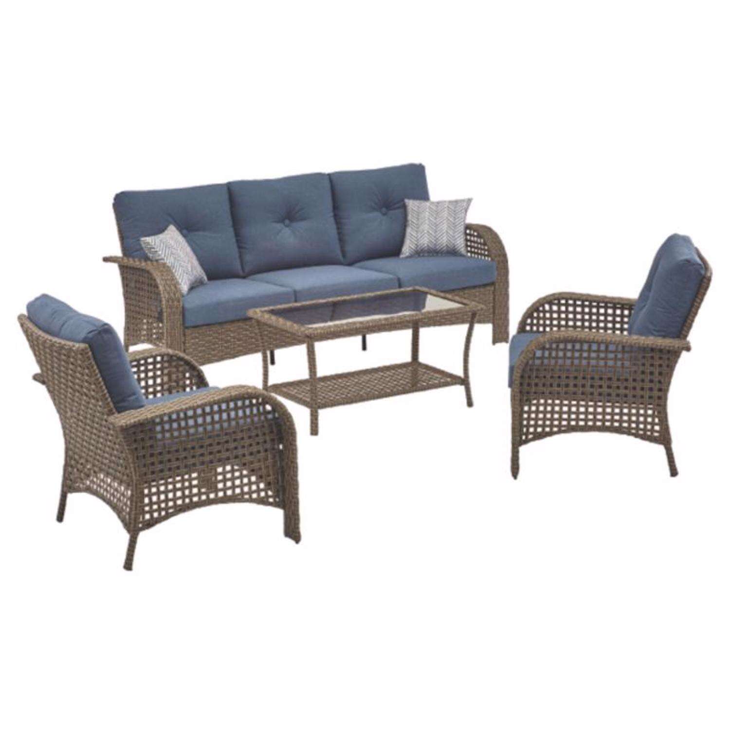 Living Accents St. Charles 4 pc Walnut Steel Wicker Deep Seating Set Navy