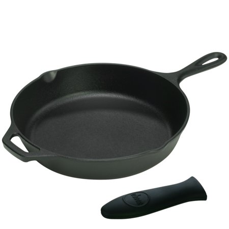 Lodge Logic 12 Inch Cast Iron Skillet with Helper Handle and Black Silicone Handle Holder