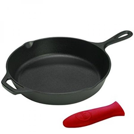 Lodge Logic 12 Inch Cast Iron Skillet with Helper Handle and Free Red Silicone Handle Holder