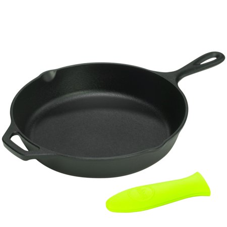 Lodge Logic 13.25 Inch Cast Iron Skillet with Helper Handle and Green Silicone Handle Holder