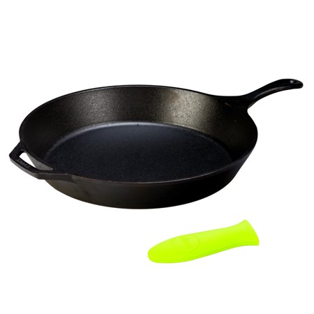 Lodge Logic 15 Inch Cast Iron Skillet with Helper Handle and Green Silicone Handle Holder