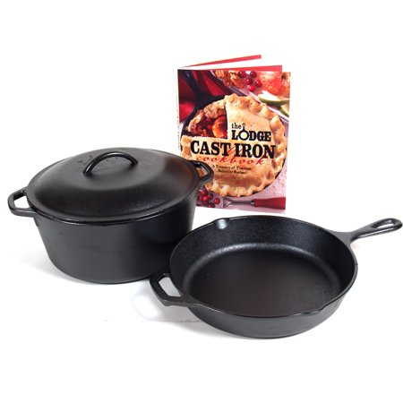 Lodge Logic 4 Piece Seasoned Cast Iron Skillet and Dutch Oven Set with Cookbook