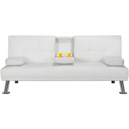 Modern Faux Leather Futon Price Drop   Luxurygoods Modern Faux Leather Futon With Cupholders And Pillows White 