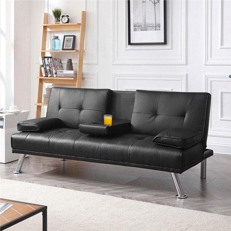 LuxuryGoods Modern Faux Leather Reclining Futon with Cupholders and Pillows, Black