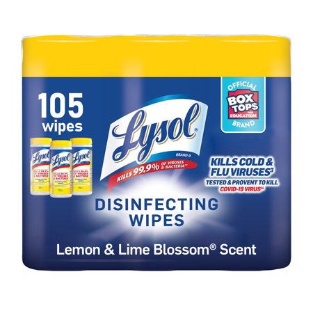 Lysol Disinfectant Wipes, Multi-Surface Antibacterial Cleaning Wipes, For Disinfecting and Cleaning, Lemon and Lime Blossom, 105 Count (Pack of 3)