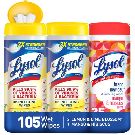 Lysol Disinfecting Wipes, 2 Lemon Lime & 1 Mango Hibiscus, 105ct(3X35ct), Brand New Day, Tested & Proven to Kill COVID-19 Virus