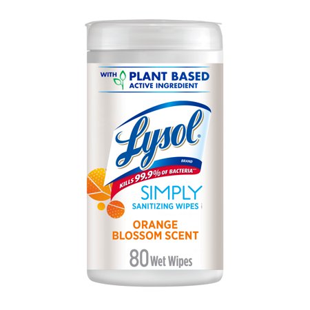 Lysol Simply Sanitizing Wipes, 80ct, Orange Blossom Scent, No Harsh Chemical Residue, Plant-Based Active Ingredient, Kills 99.9% of Bacteria, Sanitizing Wipes