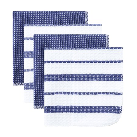 Mainstays 100% Cotton Waffle Dishcloths, 12 in x 12 in, 4 Pack, Blue and Blue Stripe