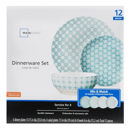 Mainstays 12 piece Stoneware Dinnerware Set, Teal Print