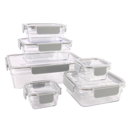 Mainstays 12 piece Tritan Container Set, Clear lid & Light Grey Lock