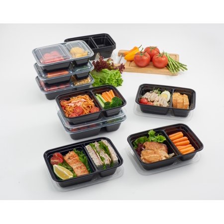 Mainstays 15PK 2-Compartment Meal Prep Food Storage Container, Clear Lid & Black Container, 900ML