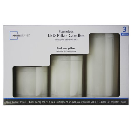 Mainstays 3-Pack Flameless LED Pillar Candle, White, No Scent,Various Sizes
