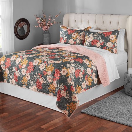 Mainstays 3 Piece Reversible Grey Floral Quilt Set, Multi-color, Full/Queen