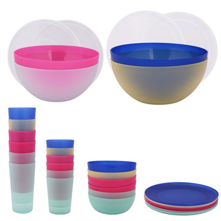 Mainstays 32-Piece Round Plastic Dinnerware Bundle Set, Multicolor