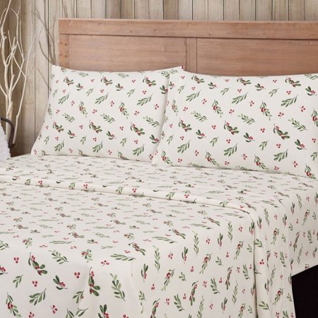 Mainstays 4-Piece Flannel Sheet Set, Red and Green Holly, Queen