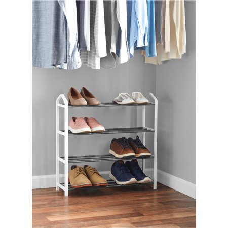 Mainstays 4 Tier Shoe Rack with White Plastic Frame, up to 12 Pair of Shoes