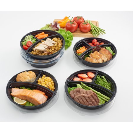 Mainstays 5PK 3-Compartment Round Meal Prep Container, Clear Lids & Black Containers, 1L