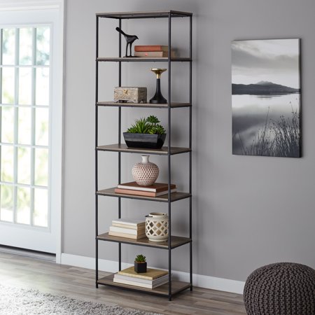 Mainstays 6-Shelf Metal Frame Bookcase, Rustic Brown