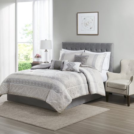 Mainstays 7-Piece Global Comforter Set, Shams 3 Dec Pillows and Bed Skirt Grey, Full/Queen
