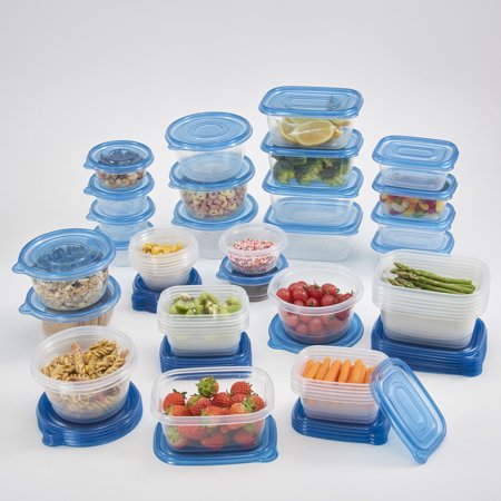 Mainstays 92PC Multi Size Food Storage Container Set, Assorted shape - Clear Container & Blue Lid, 46 Pack