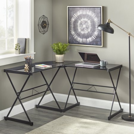 Mainstays Atrium Metal and Glass L-Shaped Corner Computer Desk, Frosted Black Glass with Black Frame